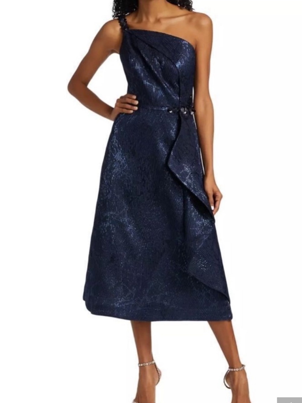Teri Jon One-Shoulder Navy Metallic Gown